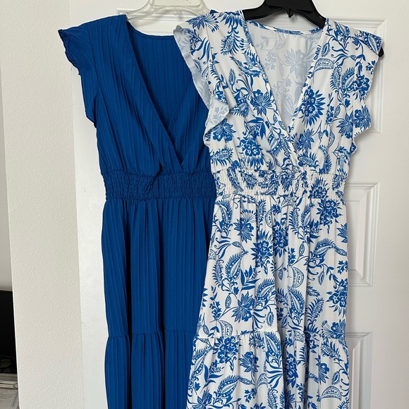 SHEIN Dresses & Skirts - SHEIN Blue Floral & Solid Royal Blue V-Neck Maxi Dresses